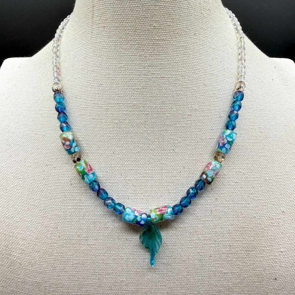 Blue Lampwork Glass Floral Bead Necklace Teal Leaf Pendant Faceted Boho Jewelry
